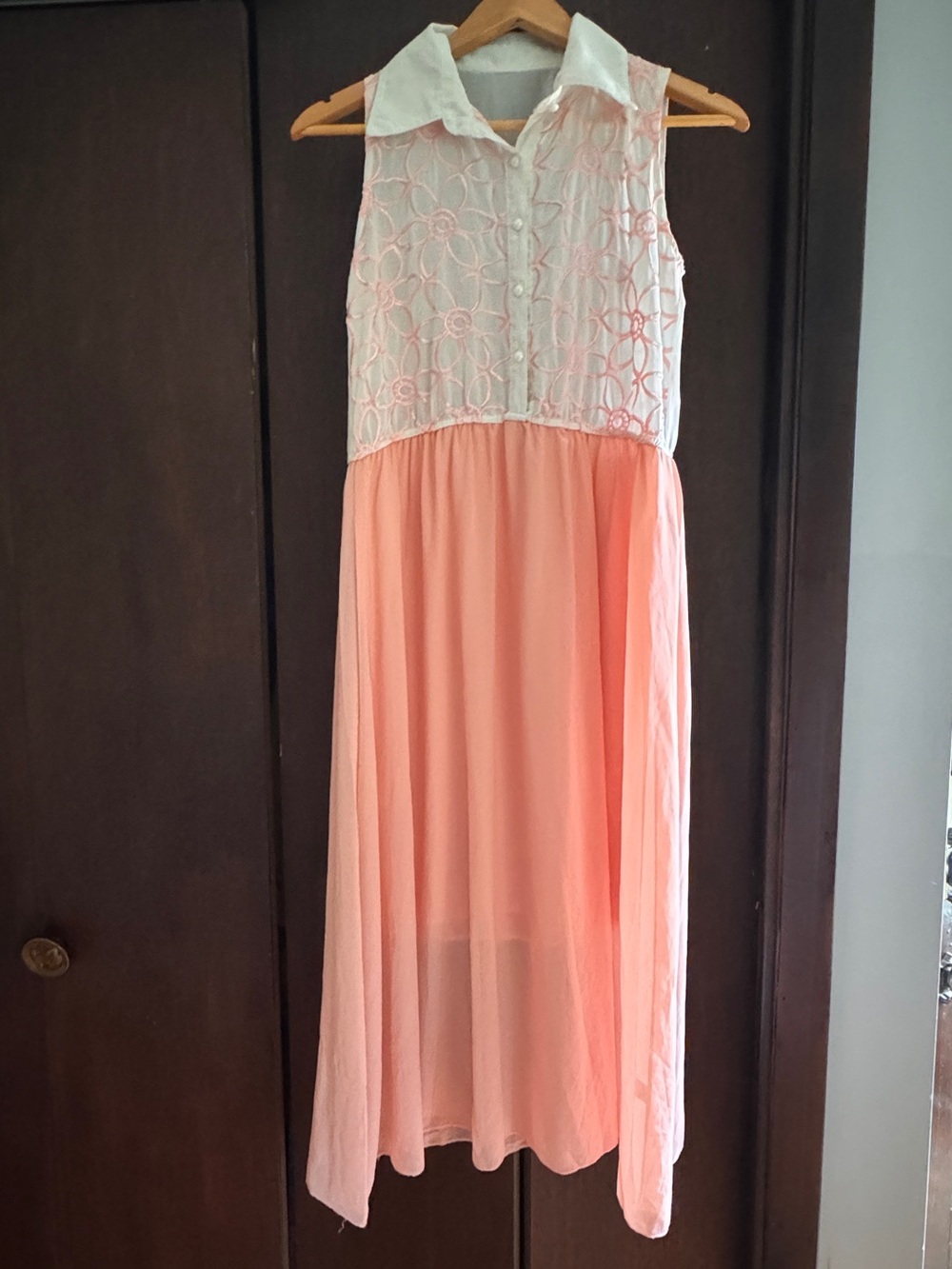 Vintage 1950s/60s Sheer Silky Chiffon Lounge Slip Collared Embroidered Dress